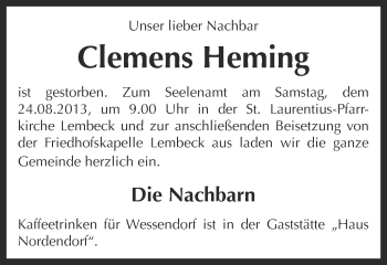 Traueranzeige von Clemens Heming von Ruhr Nachrichten und Dorstener Zeitung