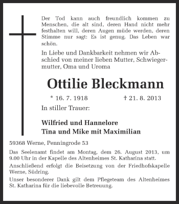 Traueranzeige von Ottilie Bleckmann von Ruhr Nachrichten