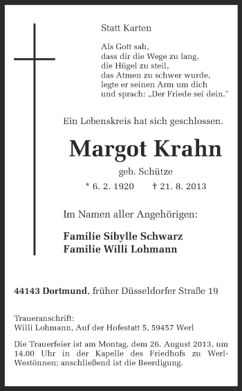 Traueranzeige von Margot Krahn von Ruhr Nachrichten