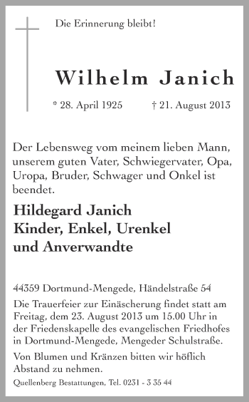 Traueranzeige von Wilhelm Janich von Ruhr Nachrichten