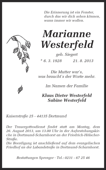 Traueranzeige von Marianne Westerfeld von Ruhr Nachrichten