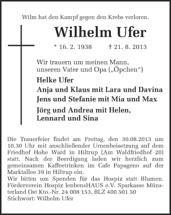 Traueranzeige von Wilhelm Ufer von Münstersche Zeitung und Grevener Zeitung