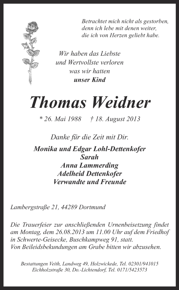  Traueranzeige für Thomas Weidner vom 23.08.2013 aus Ruhr Nachrichten
