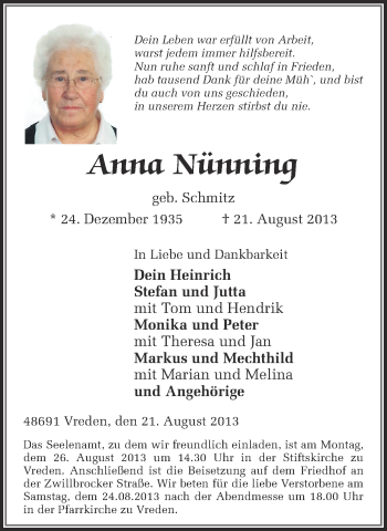 Traueranzeige von Anna Nünning von Münstersche Zeitung und Münsterland Zeitung