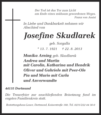 Traueranzeige von Josefine Skudlarek von Ruhr Nachrichten