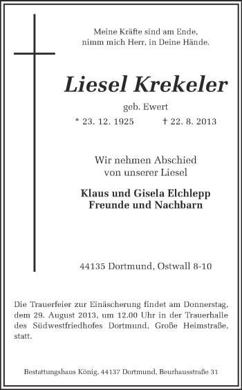 Traueranzeige von Liesel Krekeler von Ruhr Nachrichten