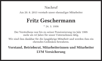Traueranzeige von Fritz Geschermann von Münstersche Zeitung und Grevener Zeitung