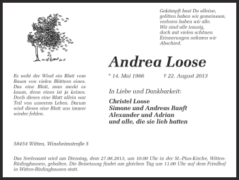 Traueranzeige von Andrea Loose von Ruhr Nachrichten