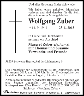 Traueranzeige von Wolfgang Zuber von Ruhr Nachrichten