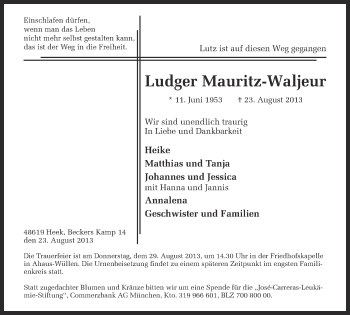 Traueranzeige von Ludger Mauritz-Waljeur von Münstersche Zeitung und Münsterland Zeitung