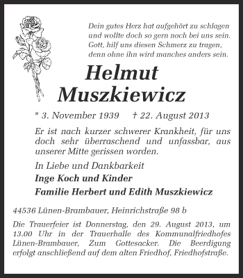 Traueranzeige von Helmut Muskiewiecz von Ruhr Nachrichten