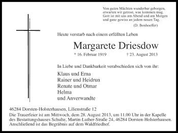 Traueranzeige von Margarete Driesdow von Ruhr Nachrichten und Dorstener Zeitung