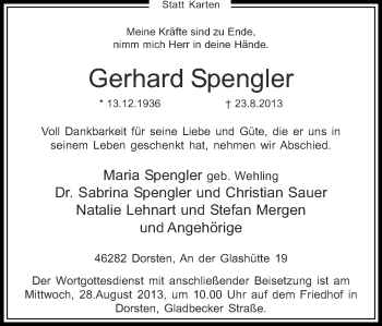 Traueranzeige von Gerhard Spengler von Ruhr Nachrichten und Dorstener Zeitung