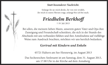 Traueranzeige von Friedhelm Berkhoff von Ruhr Nachrichten und Halterner Zeitung