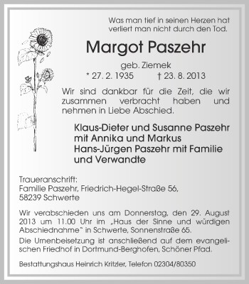 Traueranzeige von Margot Paszehr von Ruhr Nachrichten