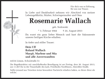 Traueranzeige von Rosemarie Wallach von Ruhr Nachrichten