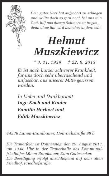 Traueranzeige von Helmut Muskiewiecz von Ruhr Nachrichten