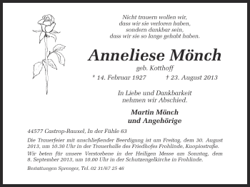 Traueranzeige von Anneliese Mönch von Ruhr Nachrichten