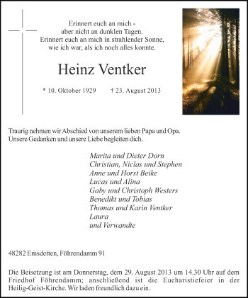 Traueranzeige von Heinz Ventker 