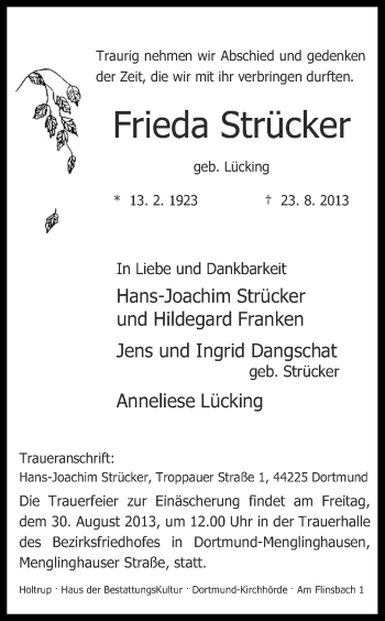 Traueranzeige von Frieda Strücker von Ruhr Nachrichten