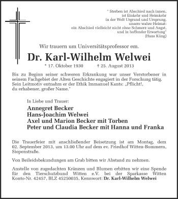 Traueranzeige von Karl Wilhelm Welwei von Ruhr Nachrichten