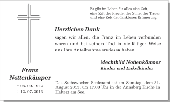 Traueranzeige von Franz Nottenkämper von Ruhr Nachrichten und Halterner Zeitung