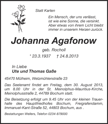 Traueranzeige von Johanna Agafonow von Ruhr Nachrichten