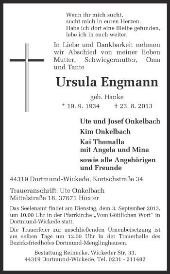 Traueranzeige von Ursula Engmann von Ruhr Nachrichten