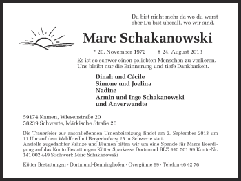 Traueranzeige von Marc Schakanowski von Ruhr Nachrichten