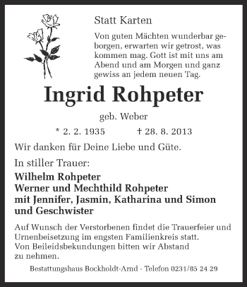 Traueranzeige von Ingrid Rohpeter von Ruhr Nachrichten