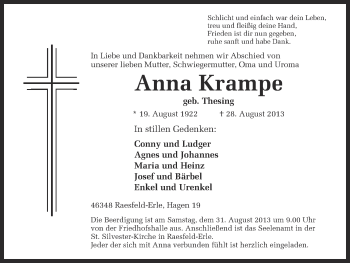Traueranzeige von Anna Krampe von Ruhr Nachrichten und Dorstener Zeitung