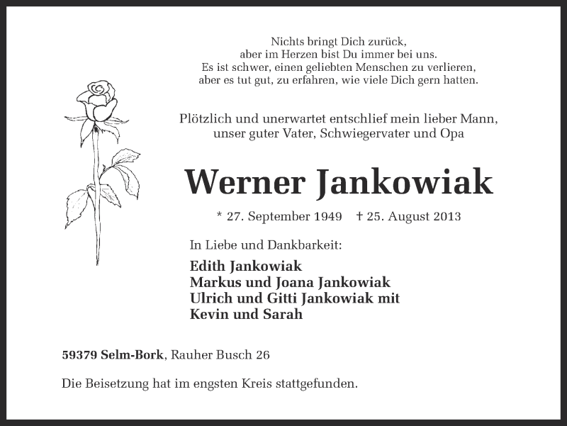  Traueranzeige für Werner Jankowiak vom 29.08.2013 aus Ruhr Nachrichten