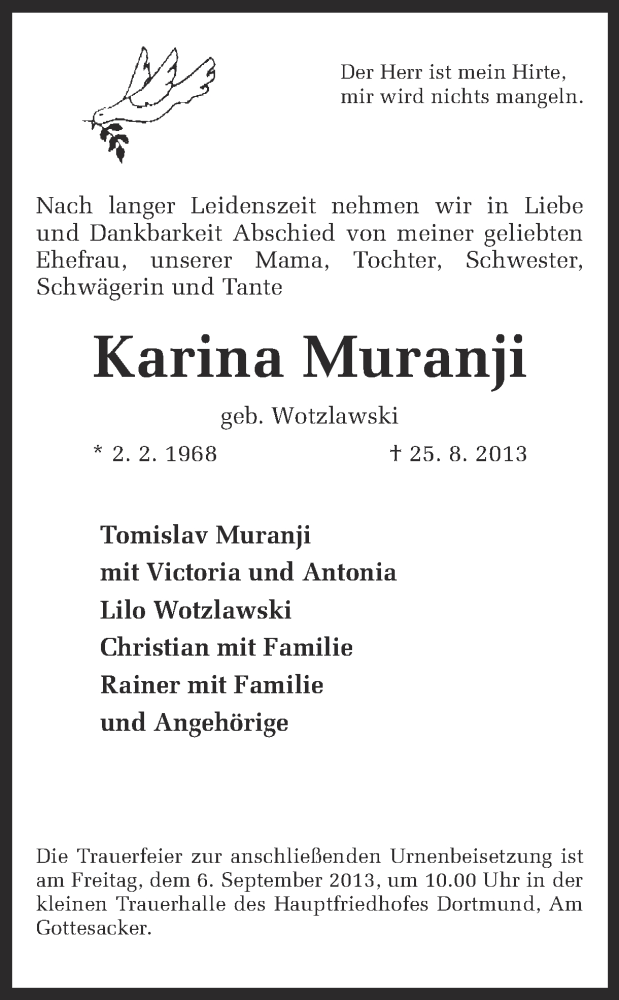  Traueranzeige für Karina Muranji vom 31.08.2013 aus Ruhr Nachrichten