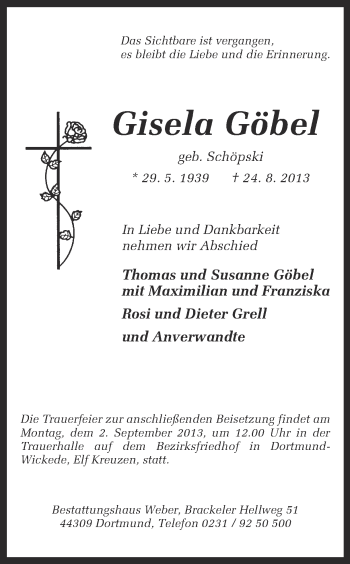 Traueranzeige von Gisela Göbel von Ruhr Nachrichten