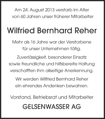 Traueranzeige von Wilfried Bernhard Reher von Ruhr Nachrichten und Halterner Zeitung