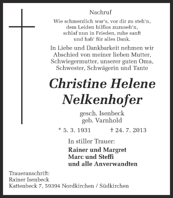 Traueranzeige von Christine Helene Nelkenhofer von Ruhr Nachrichten