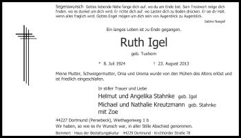 Traueranzeige von Ruth Igel von Ruhr Nachrichten