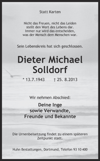 Traueranzeige von Dieter Michael Solldorf von Ruhr Nachrichten