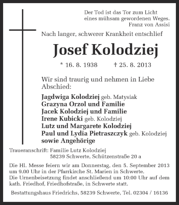 Traueranzeige von Josef Kolodziej von Ruhr Nachrichten