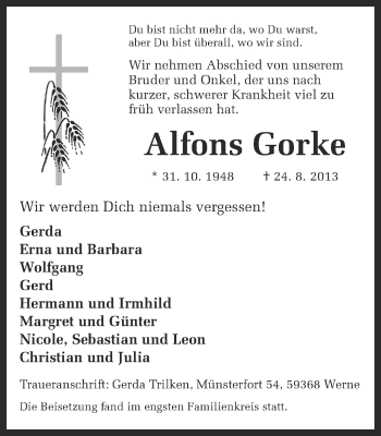 Traueranzeige von Alfons Gorke von Ruhr Nachrichten