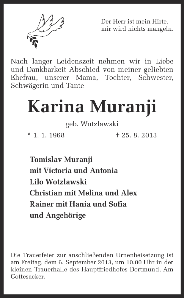  Traueranzeige für Karina Muranji vom 02.09.2013 aus Ruhr Nachrichten