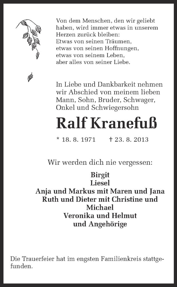  Traueranzeige für Ralf Kranefuß vom 07.09.2013 aus Ruhr Nachrichten