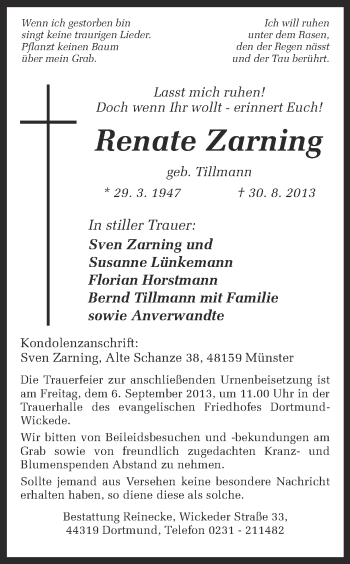Traueranzeige von Renate Zarning von Ruhr Nachrichten