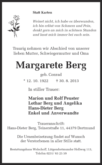 Traueranzeige von Margarete Berg von Ruhr Nachrichten