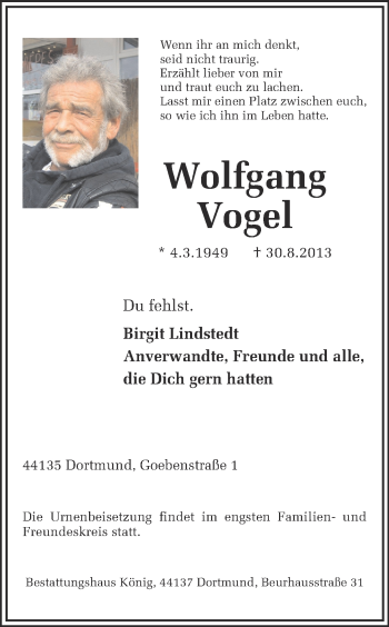 Traueranzeige von Wolfgang Vogel von Ruhr Nachrichten