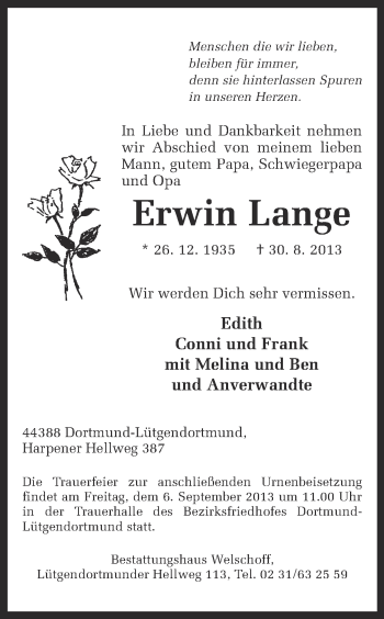 Traueranzeige von Erwin Lange von Ruhr Nachrichten