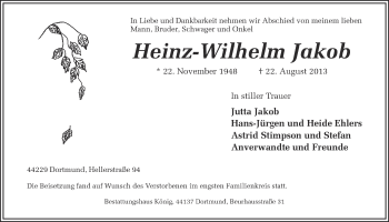 Traueranzeige von Heinz-Wilhelm Jakob von Ruhr Nachrichten