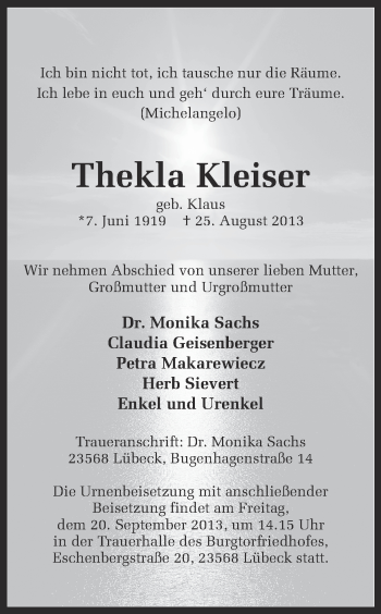 Traueranzeige von Thekla Kleiser von Ruhr Nachrichten