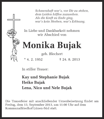 Traueranzeige von Monika Bujak von Ruhr Nachrichten