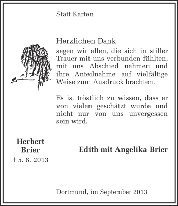 Traueranzeige von Herbert Brier von Ruhr Nachrichten